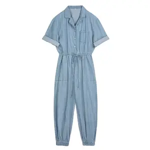 High Quality Short Sleeve Overall Jumpsuit Women Stretch Blue Denim Women's Jeans Jumpsuit Women Boilersuit