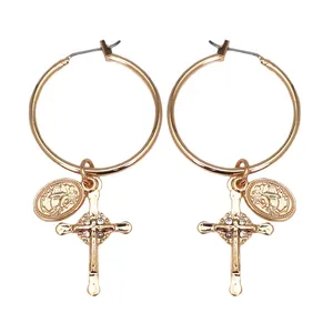 Brand Rhinestone Cross Hoop Earrings For Women Religious Accessories Vintage Earring Antique Metal Ethnic Jewelry