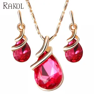 RAKOL AS012 gold fashion crystal ruby copper alloy necklace set women wedding jewelry set