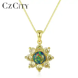 CZCITY 925 Ayar Gümüş Kolye kadın Renkli Güneş Çiçek Şekli Opal Kolye Kolye Zarif Takı