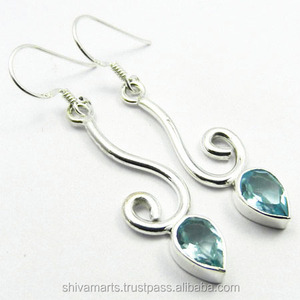 Pendientes de gota de piedras preciosas de Topacio Azul genuino para mujer estilo Vintage joyería de plata de ley 925 pura para fiestas - Product Image 2