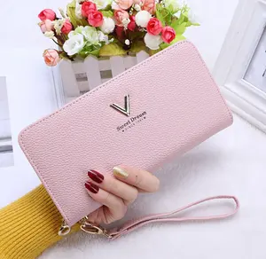 Fashion Panjang Ritsleting PU Kulit Wanita Dompet Wanita Klip Uang Tas Koin