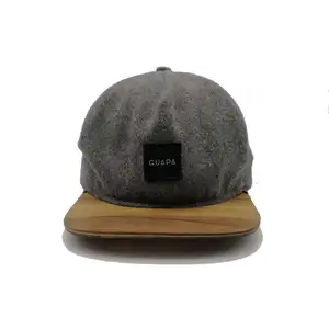 Grey Wool Snapback With Woven Label, Wooden Brim Baseball Caps