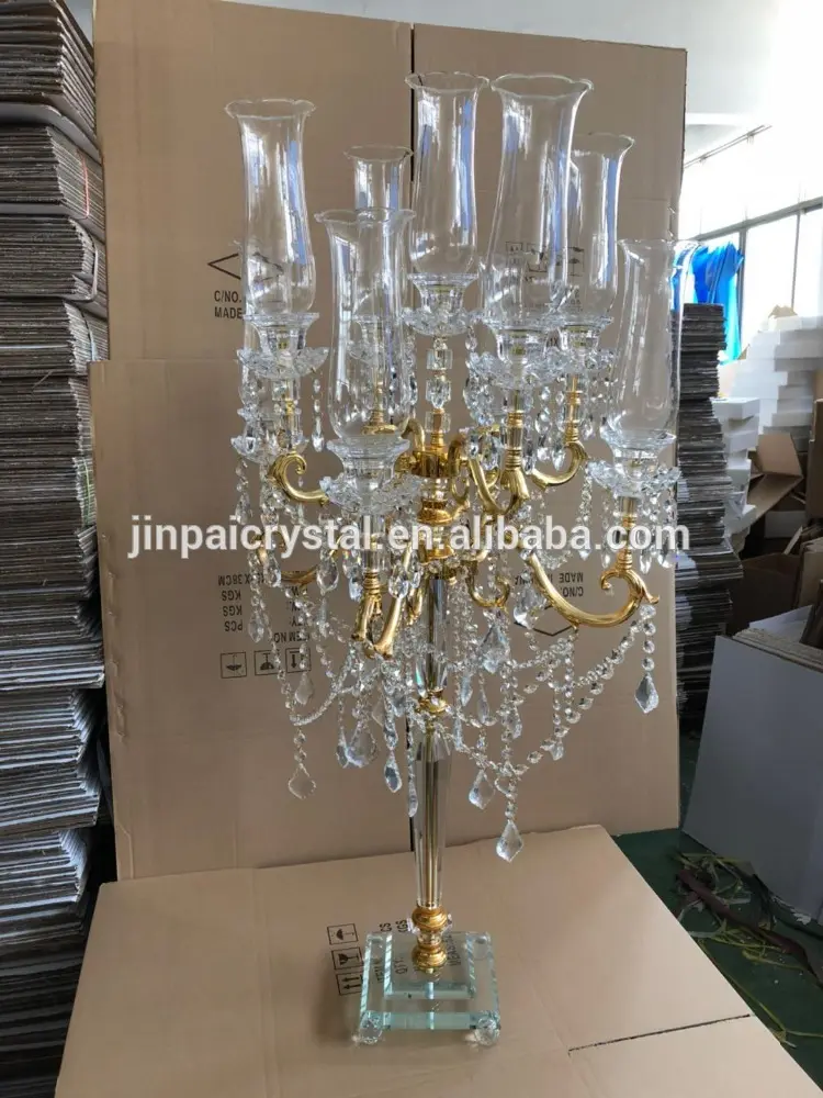 Portavelas de 9 brazos de cristal dorado para boda, portavelas de cristal para mesa de boda