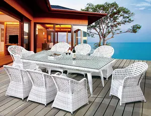 户外家具藤条花园大桌椅套 12 人白色藤椅 AA3002