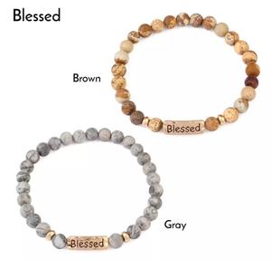 Hope Love Faith Blessed Stretch Metal Plate Engraved Message Stone <strong>Bead</strong> <strong>Bracelet</strong> - Product Image 2