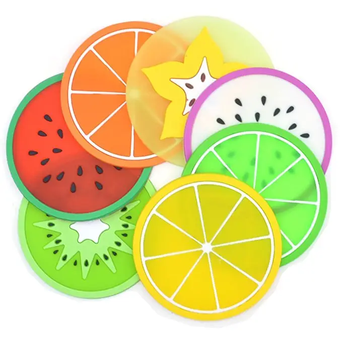 Posavasos de goma de silicona para mesa con diseño de frutas, posavasos personalizados de goma de pvc suave 2D, posavasos personalizados, posavasos con diseño de frutas
