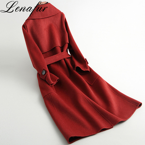 2021 Fashion Custom Made Wholesale Loose Long Wrap-Tie <strong>Belt</strong> Double Faced 100% Lamb Sheep Cashmere <strong>Wool</strong> Fur <strong>Coat</strong> for Women - Product Image 4