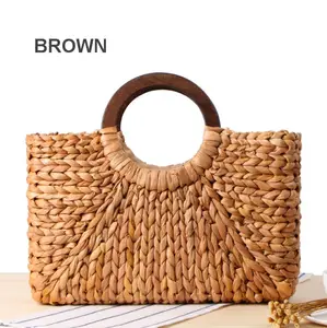 Fashion Square Big Capacity Beach Straw Hand bag with Wood Handle