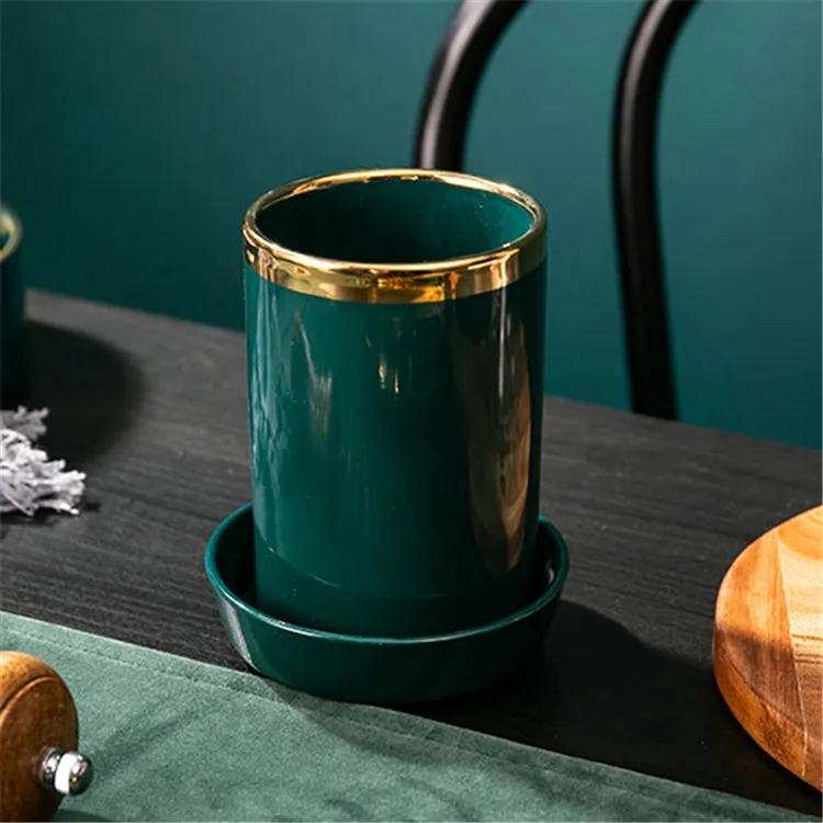 Оптовая продажа, Роскошный зеленый керамический держатель для столовых приборов с золотой линией