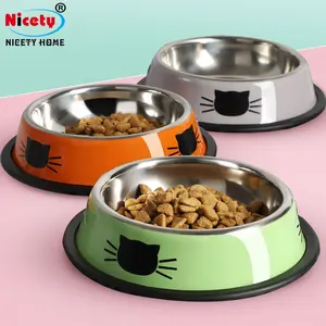 Produk Hewan Besi Tahan Karat 201 Mangkuk Makanan Kucing 15Cm 5.91 Inci Mangkuk Makan Dasar Cincin Silikon untuk Mangkuk Kucing dan Anak Anjing