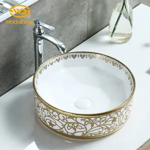 Large utilisation facile à nettoyer ronde monotrou or galvanoplastie art céramique comptoirs lavage lavabo bassin