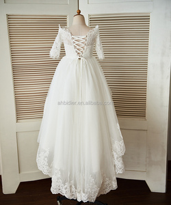 Abito da ragazza di fiore da sposa in <span class=keywords><strong>Tulle</strong></span> di pizzo a maniche lunghe con spalle scoperte e abito da festa di compleanno per principessa in treno - Product Image 3