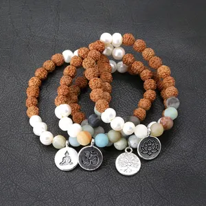 Rudraksha Hạt Giống Vẹt Amazon Ngọc Trai Nước Ngọt Howlite Hạt Bracelet Với OM Tree Yoga Lotus Charm Bracelet Tinh Thần Chữa Bệnh