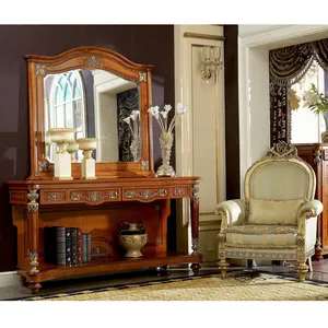 YB29 Luxury French Style Goldleaf Console Table & Mirror/ Deluxe Hallway Golden Wood Carved Side Table