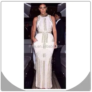 Vestido de bandagem longa trançado, vestido frisado branco kim kardashian