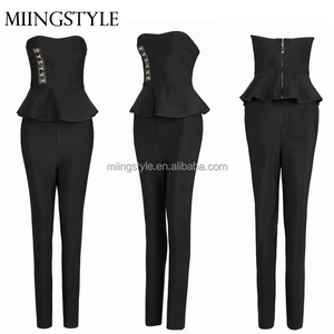 2017 oem de dos piezas mujeres top y pantalón ajustado hombro negro sexy traje bandage - Product Image 1