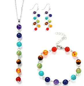 Fashion 6mm Round Beads Seven kinds of Natural Stone necklace 7 Chakra Drop Earrings Yoga Reiki Healing Stone