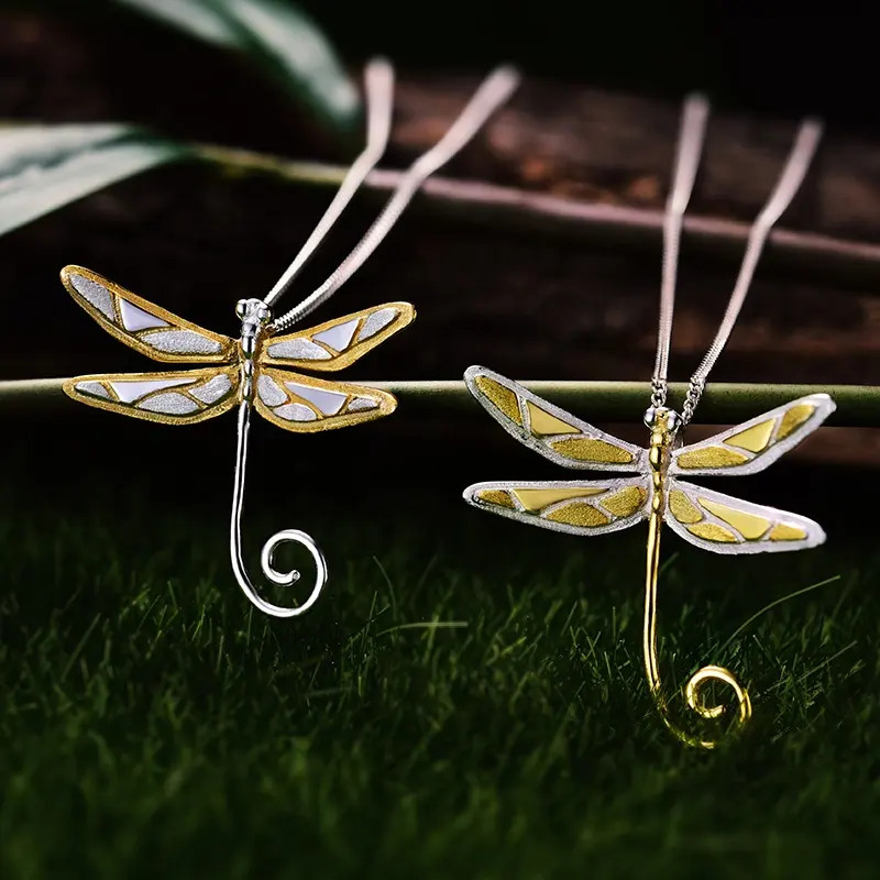 Lotus-Spaß Echt-925-Sterlingsilber natürlicher handgefertigter Schmuck 18k-Gold niedlicher Drachenfly-Ahänger ohne Halskette für Damen Geschenk