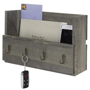 2021 New Types Products Rustic Gray Wood Mail Organizer Key Holder Wall Mount with 4 Key Hooks