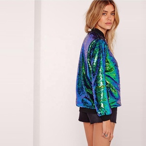 KY Green <strong>Sequin</strong> Bomber <strong>Jacket</strong> Women <strong>Plus</strong> <strong>Size</strong> Autumn Ribbed Knit Polyester Dyed Fabric Cotton Hot Zipper Dance Stage Catwalk - Product Image 2
