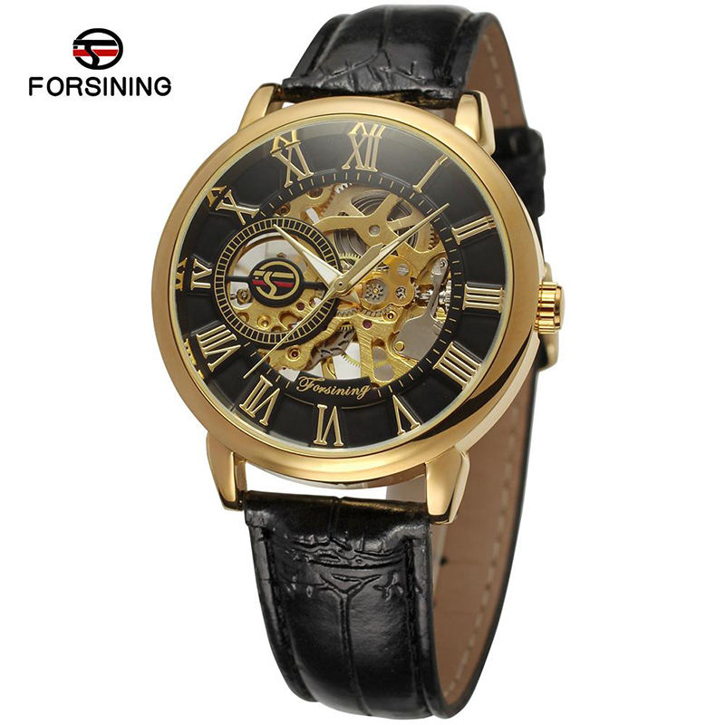 Forsining 8099 Automatic Watches Design Transparent Genuine Red Black Belt  Top Brand Luxury Clock Skeleton Men Automatic Watches