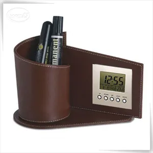 Organisateur de bureau en cuir PU numérique horloge porte-stylo fabricant