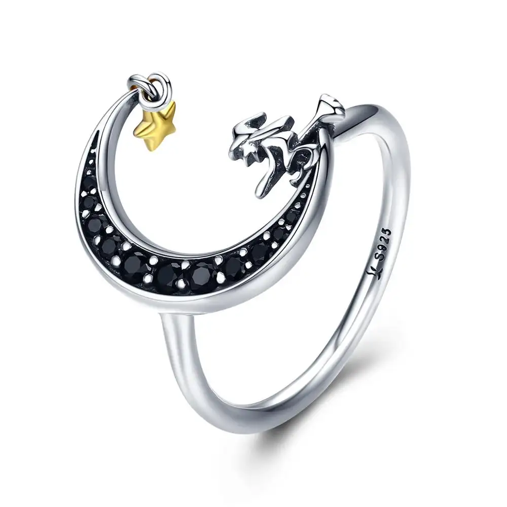 BAGREER SCR288 di Modo Placcato Oro Giallo Stella S925 Sterling Silver Witch A Forma di Luna Anello Nero anello di Pietra dei monili Delle Ragazze