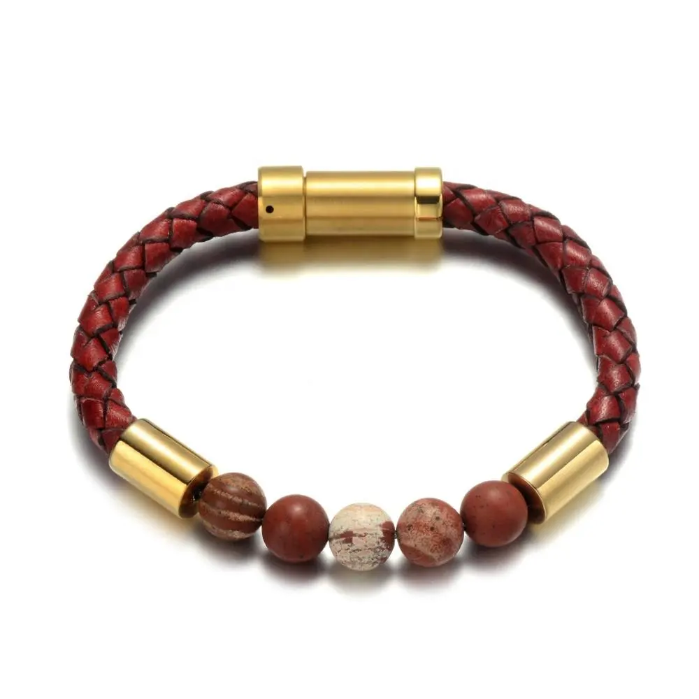 REAMOR Stainless Steel Indian Red Natural Stone Braided Genuine Leather Bracelet Bangles with Gold Plate Clasp for Men Women