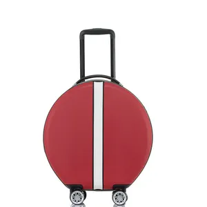 复古风格白色条纹圆形手提箱红色带轮子行李箱