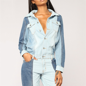 Nuevo diseño mujeres <span class=keywords><strong>Denim</strong></span> Romper Lapel Botón de manga larga roto azul mono - Product Image 4