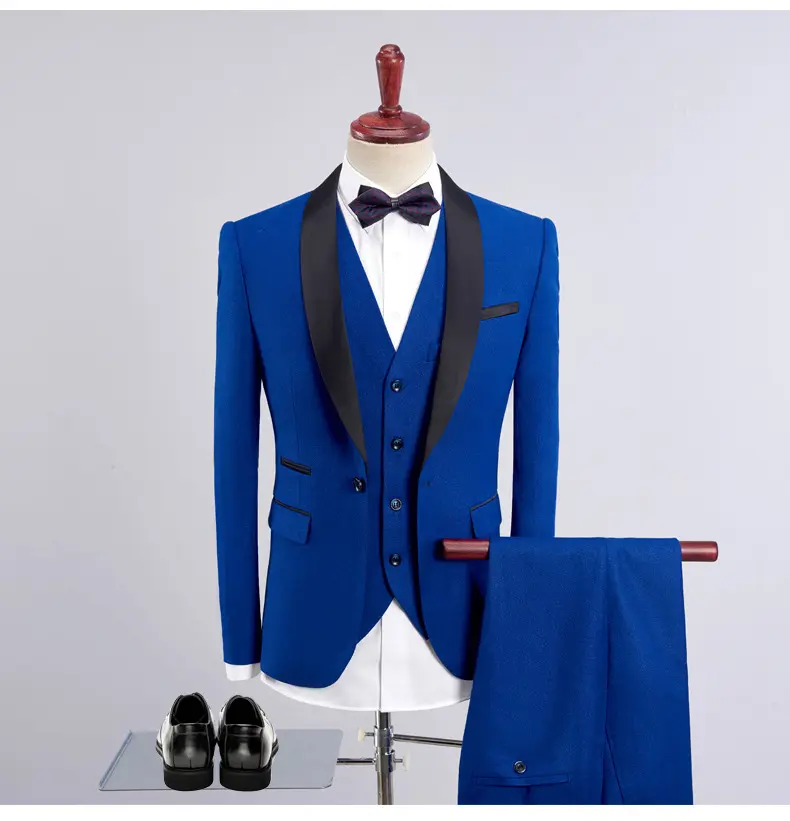 Setelan Pernikahan Pria 3 Potong, Setelan Jas Pernikahan 8 Warna Pas Badan dengan Biru (Blazer + Celana + Rompi)