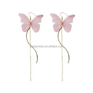 2019 Summer Hot Sell New Design Beautiful Gold Chain Hanging Pink Blue Color Fabric Long Butterfly Earrings