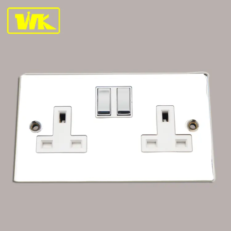Electrical Socket Chrome 2 Gang 13A UK Twin Electrical Power Switched Socket Outlet Double Socket Outlet