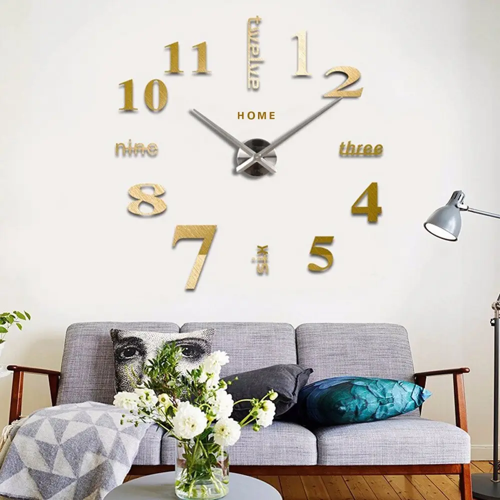 Oversize 3D Home Decor English Letters Acrylic Digital Retro Art Big Wall Clock