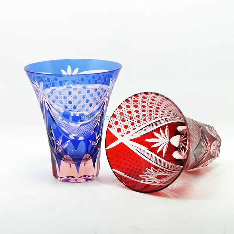 Antiker hand geschnittener Edo Kiriko Brilliant Red Blue Stemless Glass Tumbler Whisky Stemless Cup 400ML