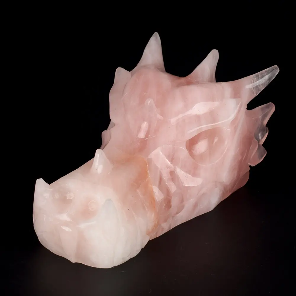 Talladas a mano de piedras preciosas realista de cuarzo rosa de cabeza de dragón de talla