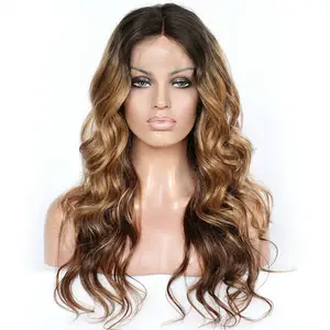 top quality wholesale Rihanna Inspired Long Glamorous Ombre Wavy cuticle aligned human Hair lace front wig