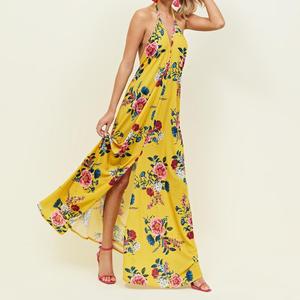 Delle signore giovane ragazza di estate lungo fiore <span class=keywords><strong>Giallo</strong></span> Floreale Halterneck Aperto Indietro Maxi Vestito - Product Image 5