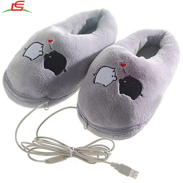 Plush USB Laptop PC Electric Heating Slippers Heated Shoes Foot Warmer Piggy New Gray