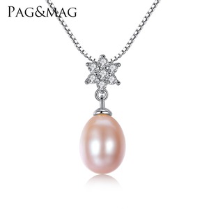 LUOTEEMI Brand Rhodium Plated 8-9mm Pink Freshwater Pearl Vintage 925 Silver Wedding Pendant Necklace