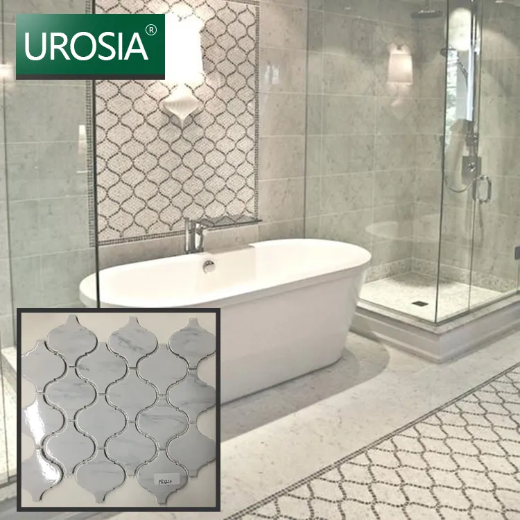 Precio barato de cerámica blanca arabesque cristal linterna azulejo mosaico blanco de Carrara crackle arte arabesco linterna de mosaico de cerámica