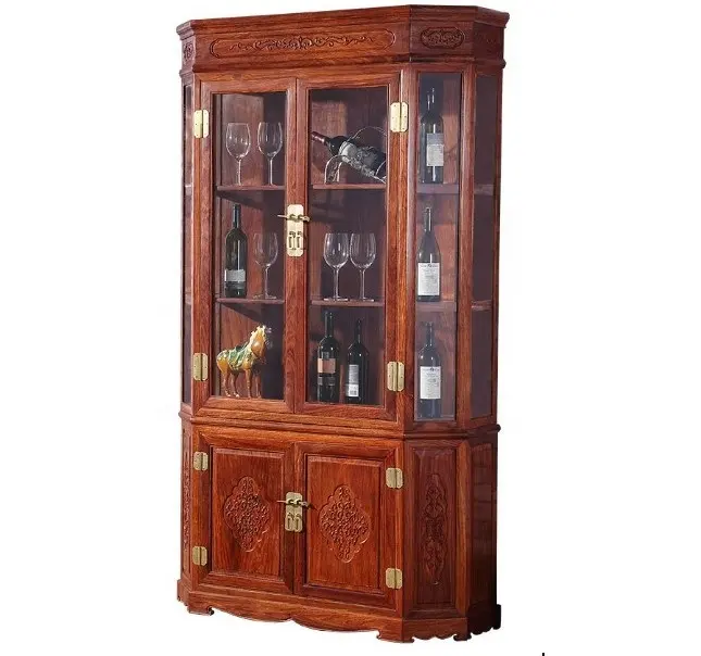Rosewood furniture hand carve solid display wood bookcase showcase wine glass cabinet