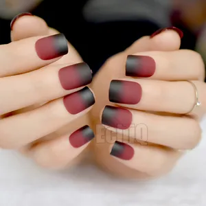 Gradient French Matte Fake Nails Claret-red Wine Black Frosted False Nail Tips Square Top Nails Art For Bride Party Wear