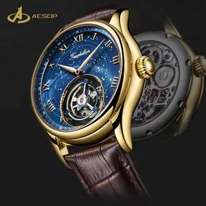 Aesop luxury tourbillon orologio meccanico cassa in acciaio inossidabile inferiore orologio da uomo impermeabile in pelle orologio meccanico automatico