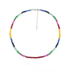 Colorful Genuine precious Sapphire Ruby & Emerald faceted Beads Necklace Multi Natural gemstone Necklace