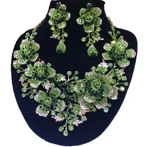 Nigerian big flower diamond coral beads set wedding turkish gold jewelry green flower party african jewelry crystal D23-5