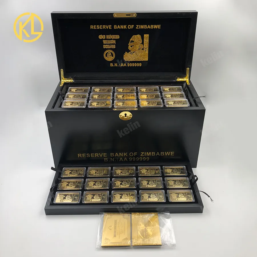 मुफ़्त फेडेक्स शिपिंग 270 पीसी सोना मढ़वाया धातु जिम्बाब्वे बैंकनोट सिक्का लकड़ी के बक्से में वीआईपी ग्राहकों के उपहार के लिए प्रमाण पत्र के साथ सेट