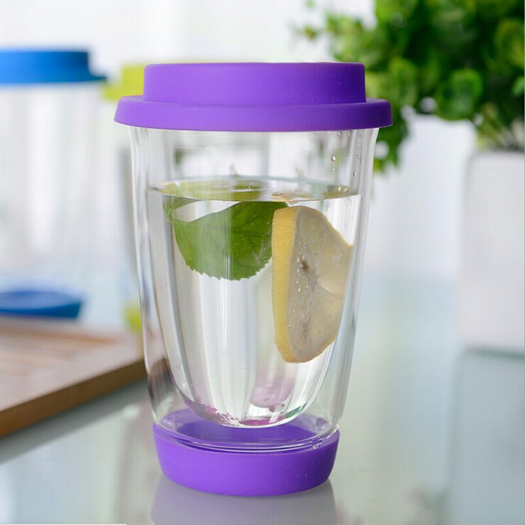 12OZ Double Wall Insulated Glass Travel Cup with Silicone Lid and Bottom