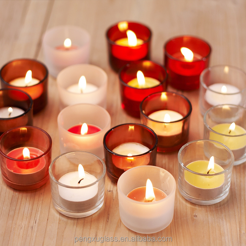 Mini décoratif couleur rouge clair en verre dépoli bougie conteneur/adapté aux besoins du client de lumière de thé pot titulaire